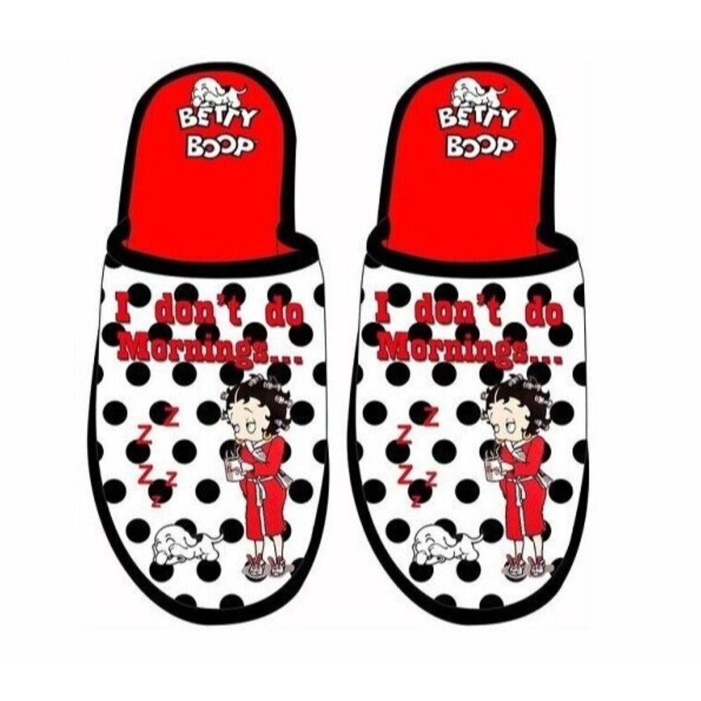 New Don't Do Mornings Betty Boop Slippers Shoes One Size Fits Polka Dot Cartoon
